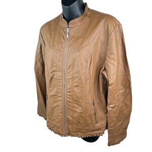 Tan Faux Leather Moto Full Zip Jacket Ruffled Gem Women’s XL OSO Casuals Preppy